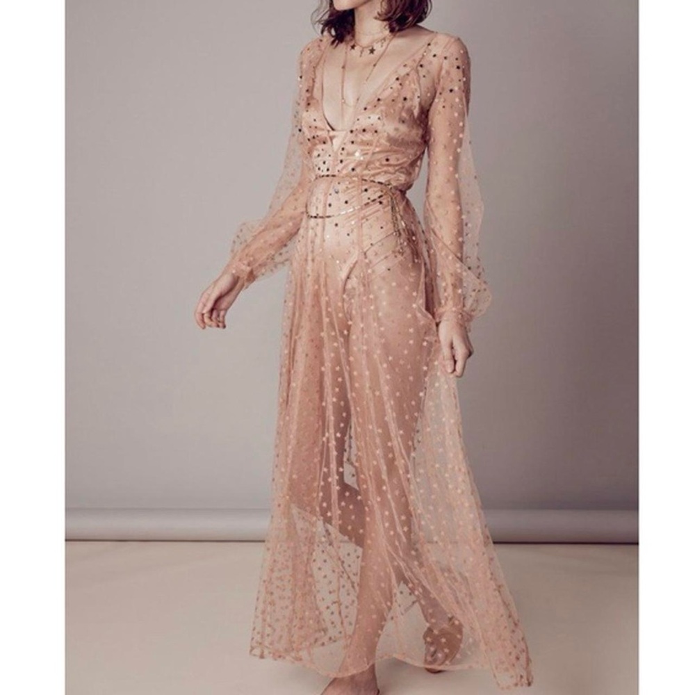 For Love and Lemons All that Glitters Maxi dress in almond